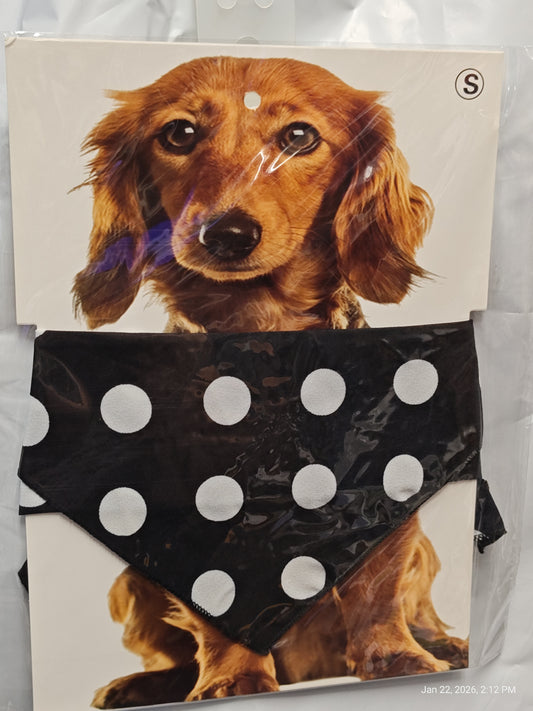 Dachshund dog costume featuring a black polka dot bandana for pets.
