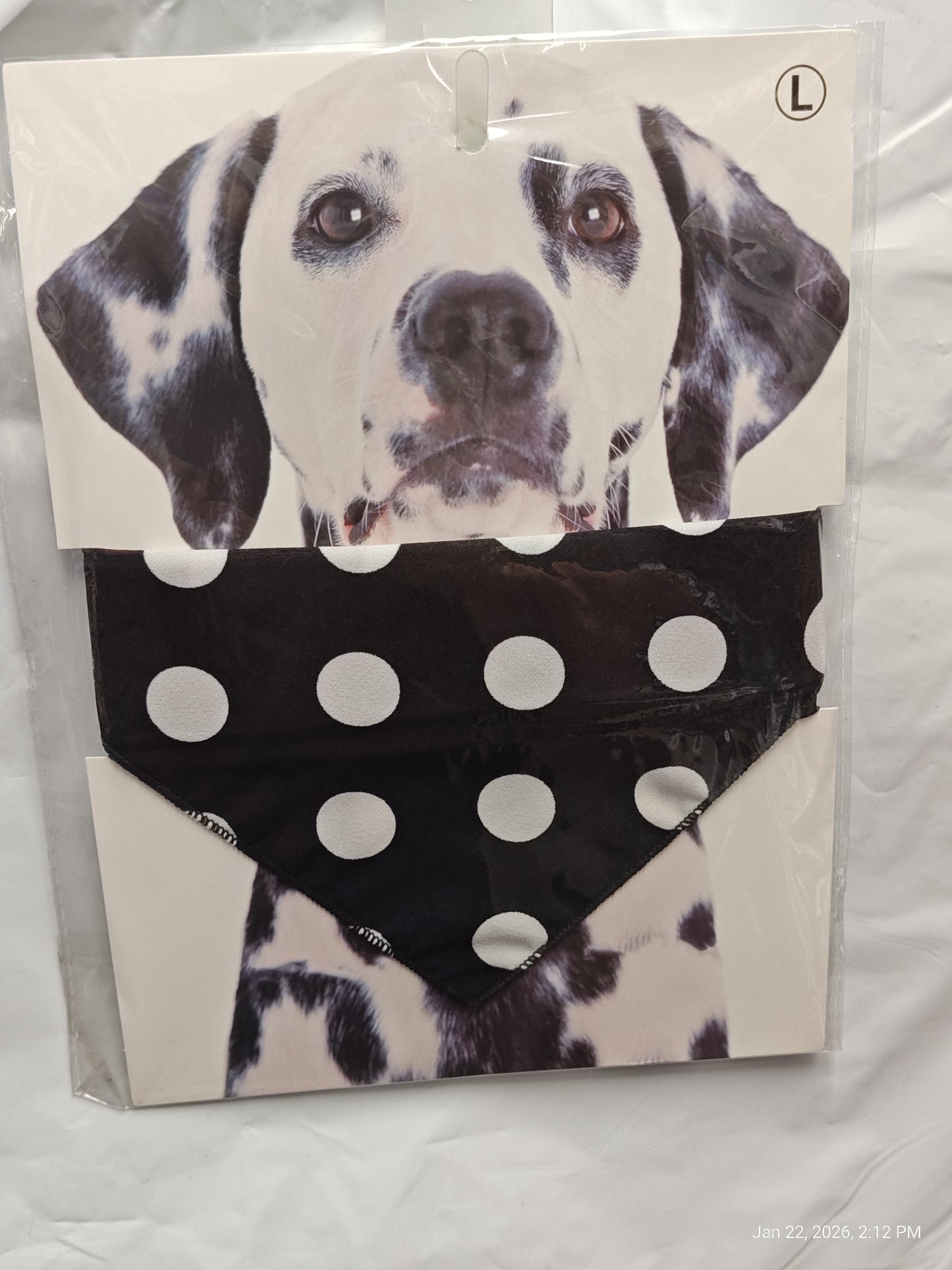 Dalmatian Dog Bandana features a black design with white polka dots, perfect for stylish pets.