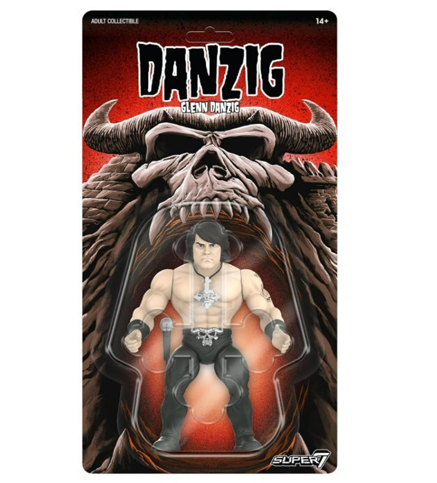Danzig action figure in packaging with a skull background and detailed features.