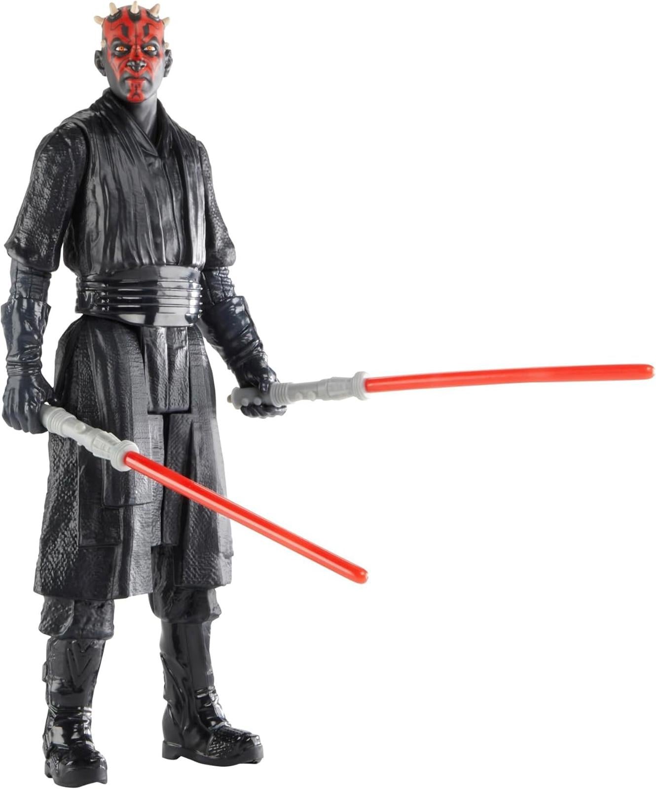 Darth Maul action figure with dual red lightsabers, detailed black robe and menacing expression.