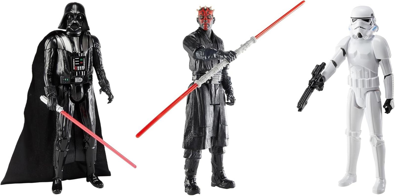 Darth Vader action figure with lightsaber, alongside Darth Maul and Stormtrooper figures.