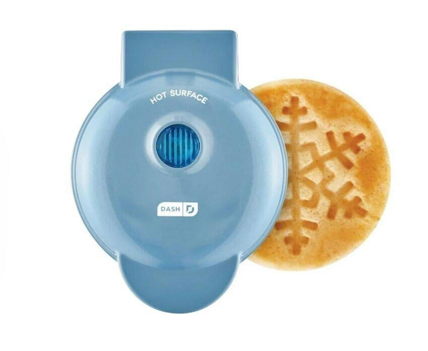 DASH Mini Waffle Maker with snowflake design, featuring a blue exterior and non-stick surface.