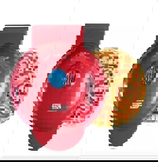 DASH red waffle maker with a gingerbread man design waffle beside it.