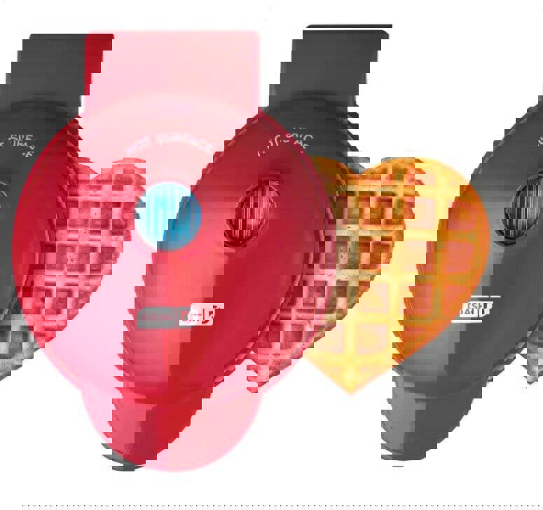 Dasin heart-shaped waffle maker in red with a freshly made waffle beside it.