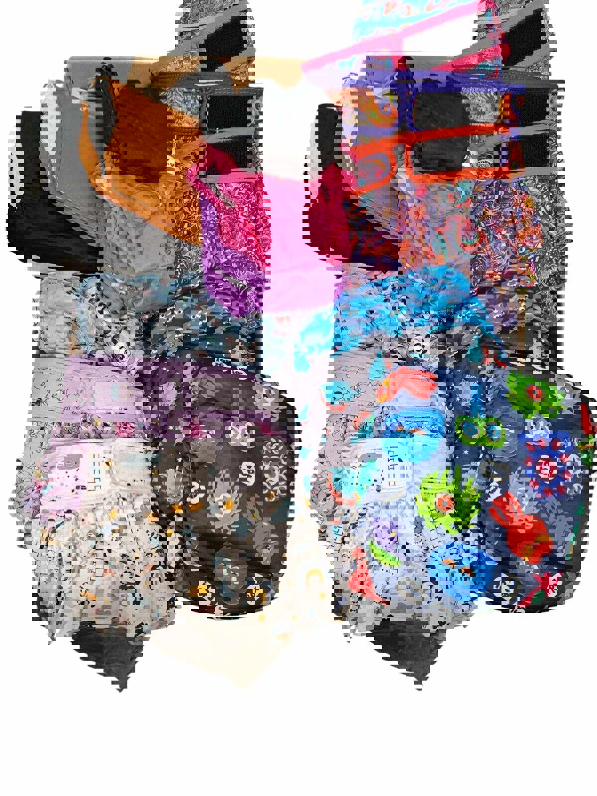 Colorful cloth diapers set featuring various patterns and designs, including animals and vibrant colors.