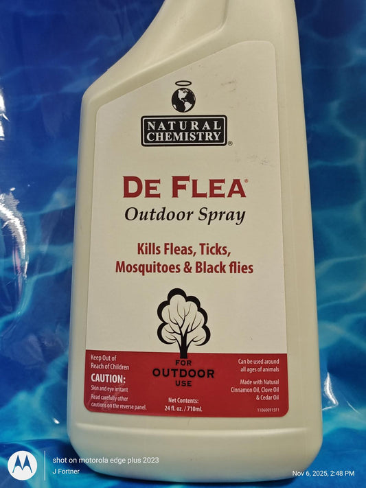 De Flea Outdoor Spray effectively kills fleas, ticks, mosquitoes, and black flies.