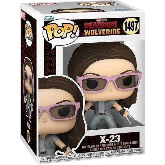 Deadpool Wolverine X-23 Funko Pop figure with pink glasses and gray outfit.