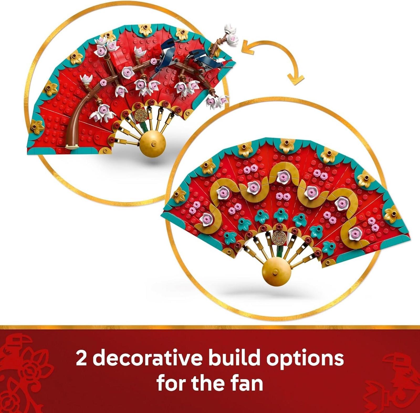 Decorative fan with two build options featuring vibrant red colors and floral designs.