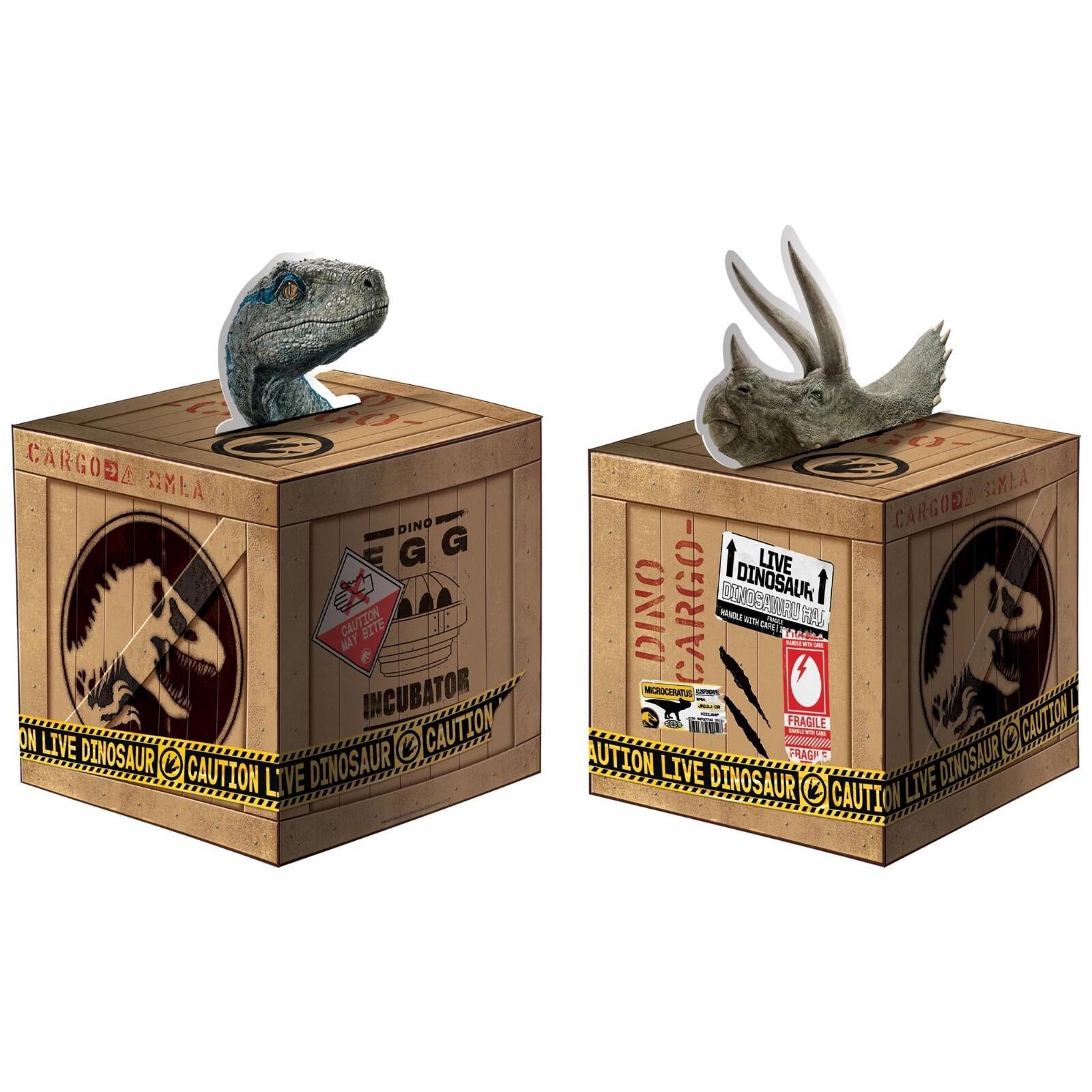 Dino Cargo dinosaur egg box set featuring a raptor and a triceratops head peeking out.