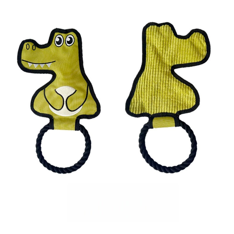 Dinosaur dog toy featuring a yellow dinosaur design with a rope handle for interactive play.