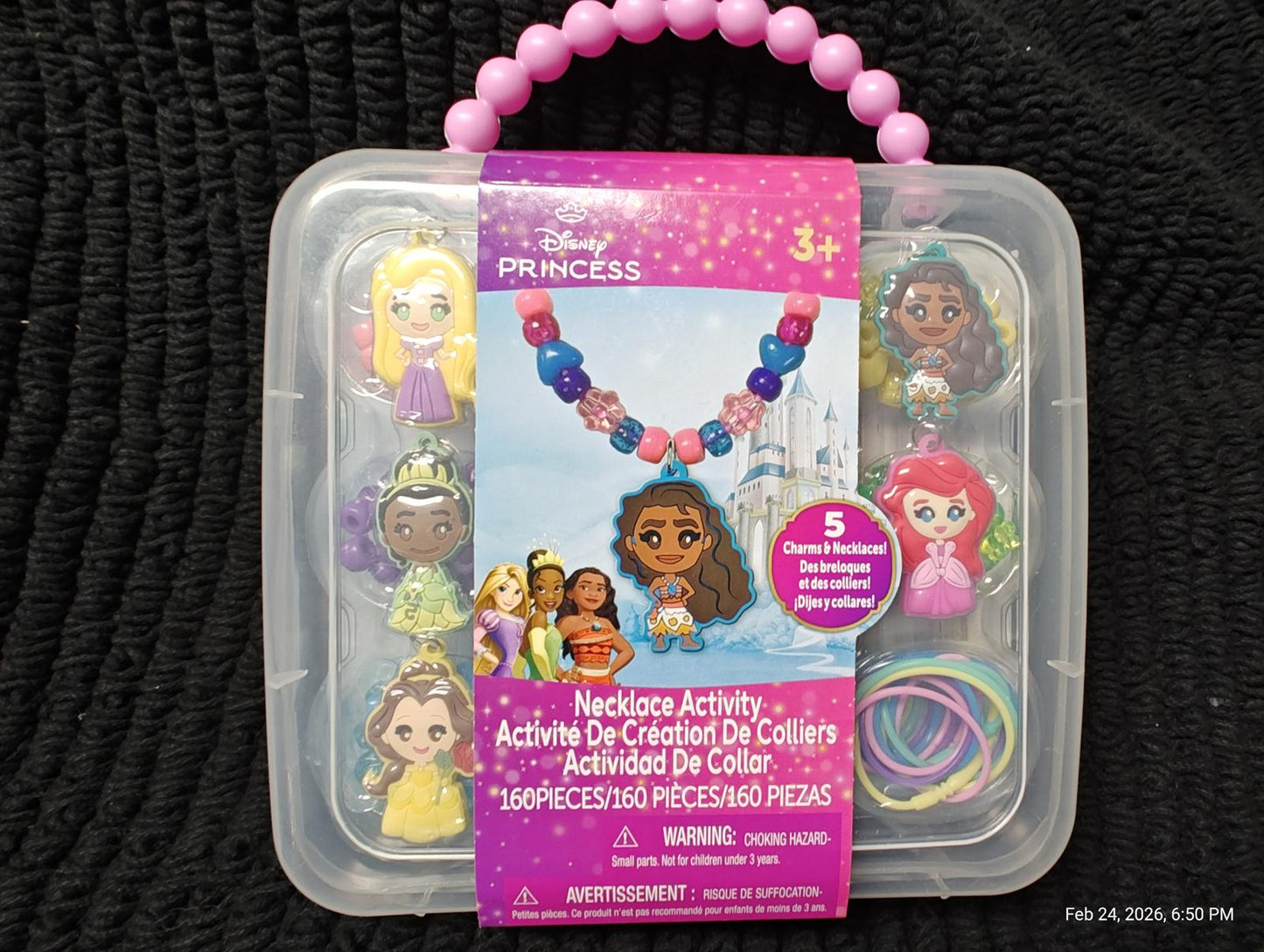 Disney Princess necklace activity set with colorful beads and character charms for creative play.