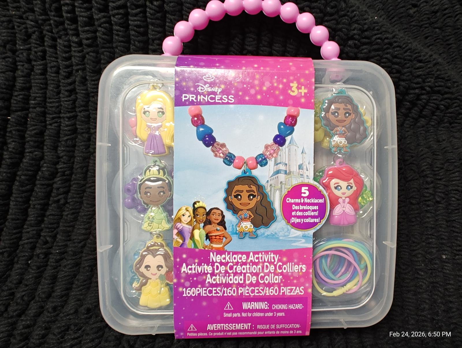 Disney Princess necklace activity set with colorful beads and character charms for creative play.