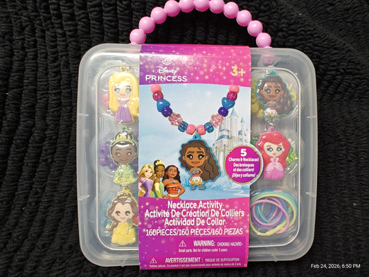 Disney Princess necklace activity set with colorful beads and character charms for creative play.