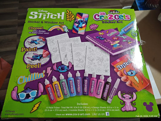 Disney Stitch Sticker and Water Art kit featuring colorful paints, sticker sheets, and creative designs.