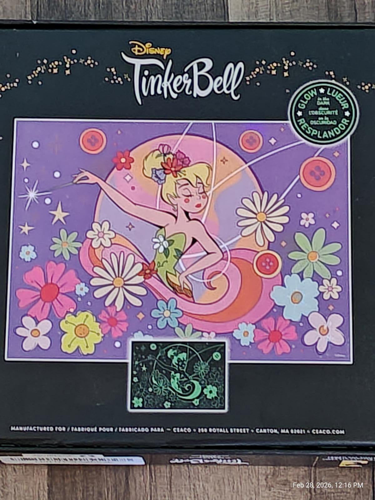 Disney TinkerBell glow-in-the-dark wall art featuring Tinker Bell surrounded by colorful flowers.