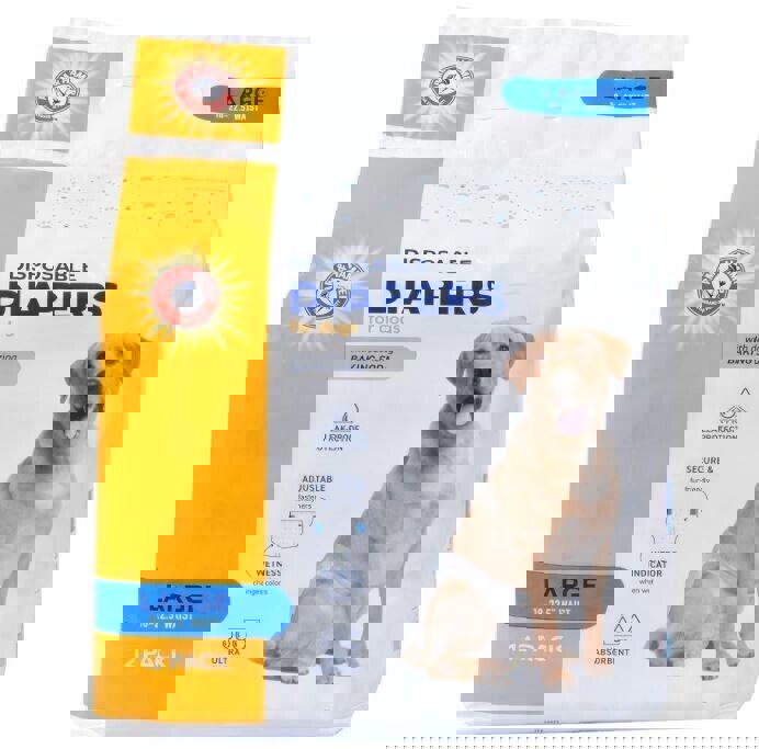 Disposable Diapers for dogs in large size, featuring a Labrador retriever wearing a diaper.