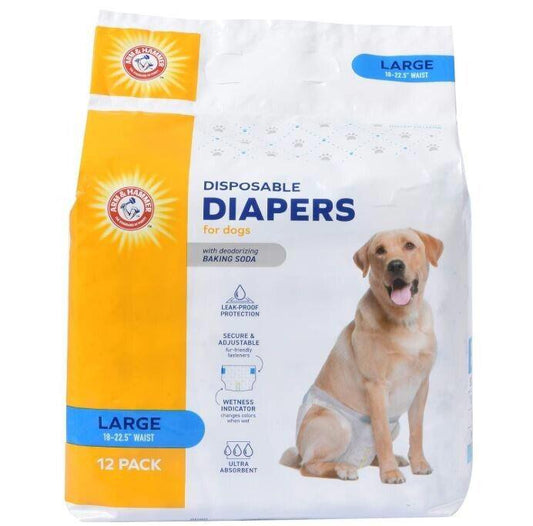 Disposable Diapers for dogs in large size, featuring a Labrador retriever wearing a diaper.