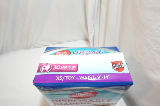 Disposable diapers pack featuring 30 diapers in XS/Toy size with a waist size of 9-14 inches.