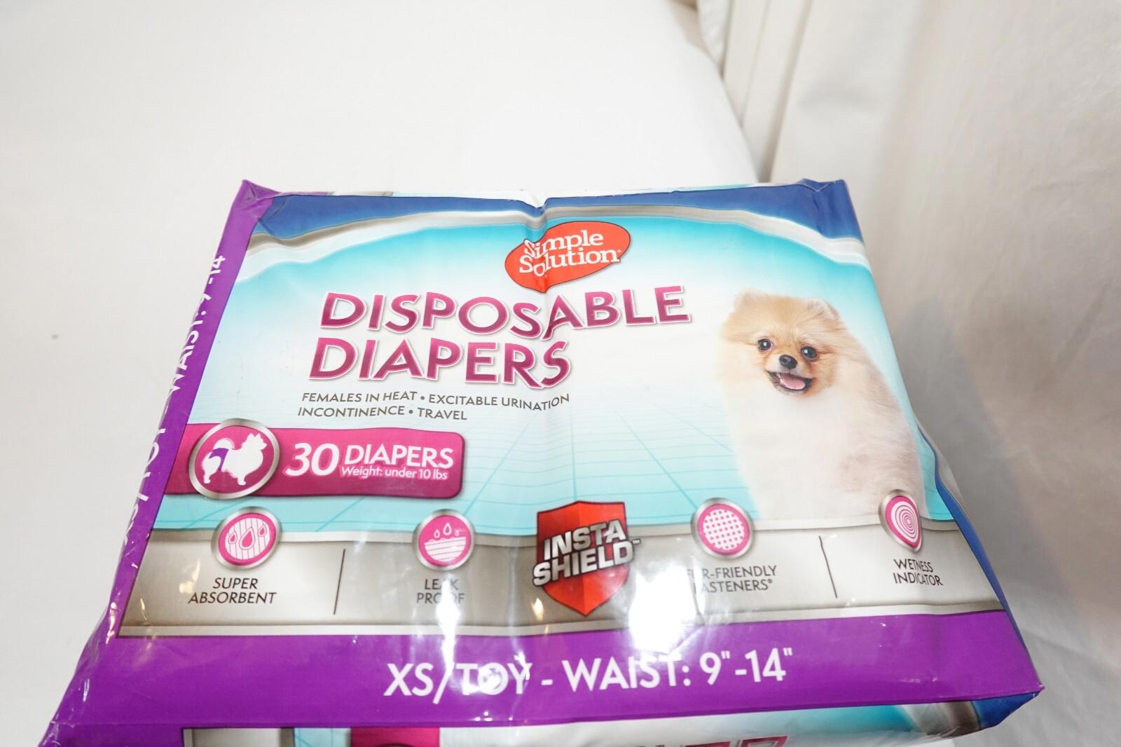 Disposable Diapers pack featuring 30 diapers for XS/Toy dogs with a cute dog image.