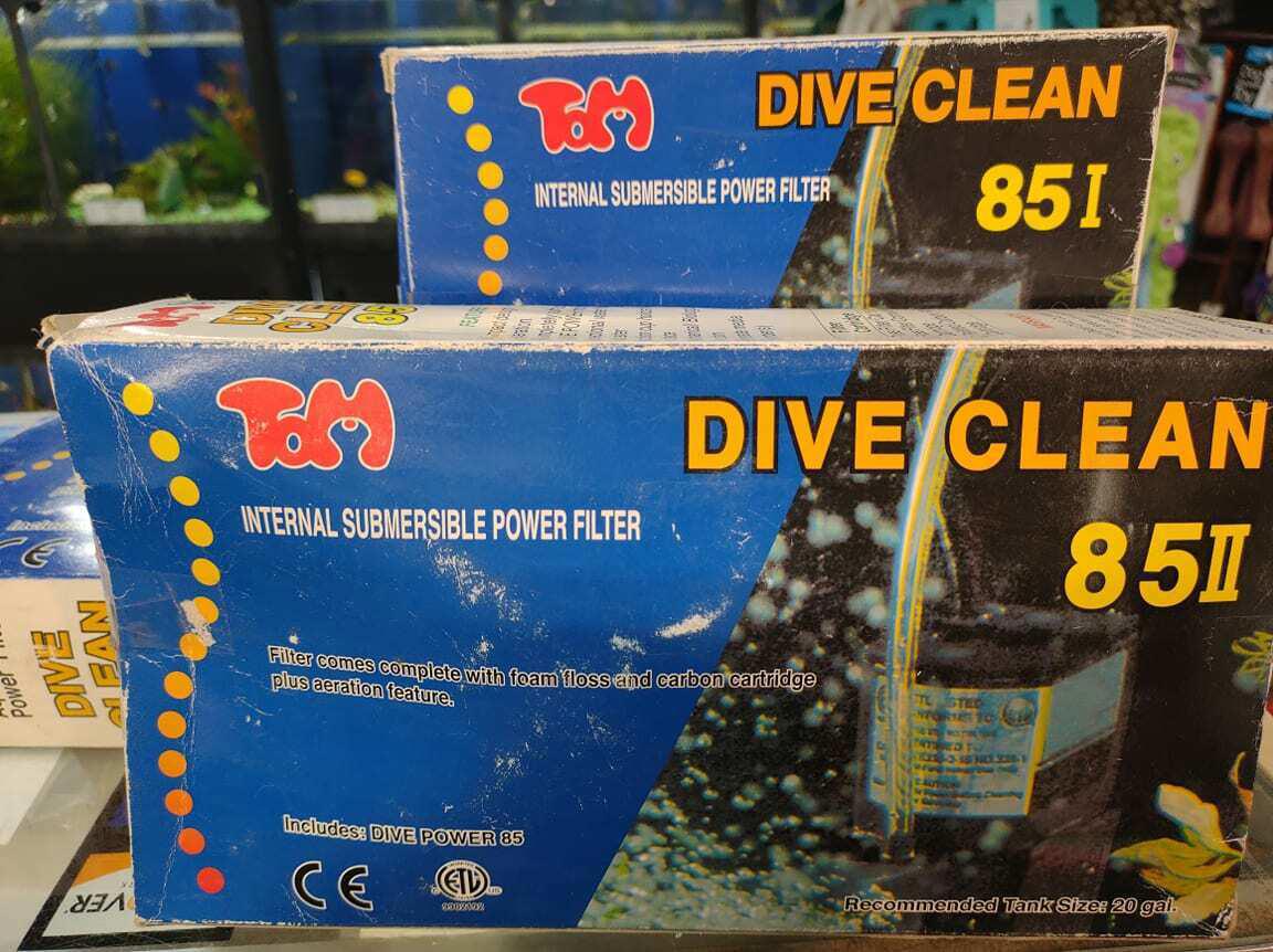 Dive Clean 85I internal submersible power filter with blue and yellow packaging.