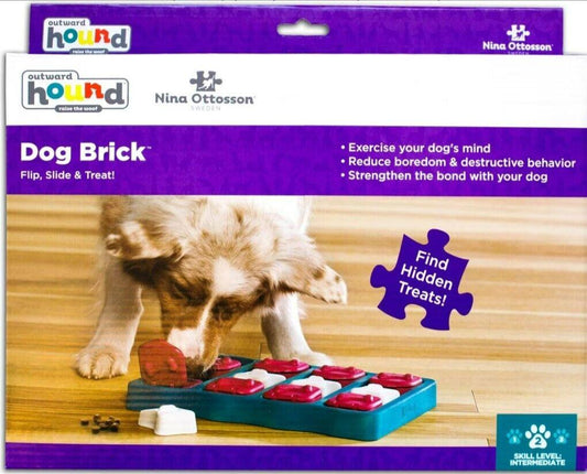 Dog Brick by Nina Ottosson, an interactive toy for dogs to find hidden treats, promoting mental exercise.