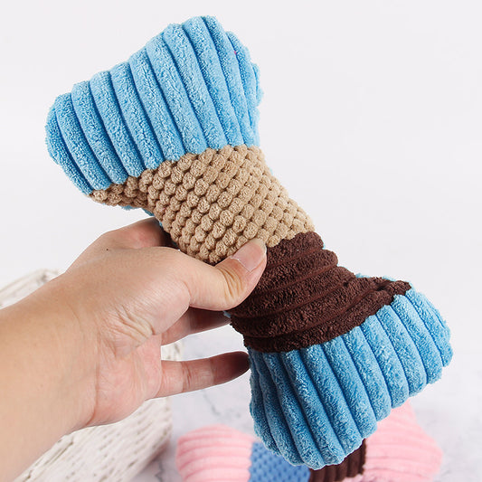 Dog chew toy in blue and brown colors, featuring a textured design for better grip.