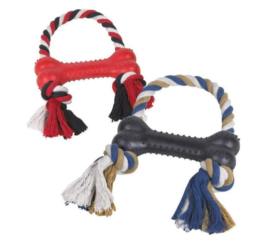 Dog chew toy rope bone in red and black colors with tassels for playful pets.
