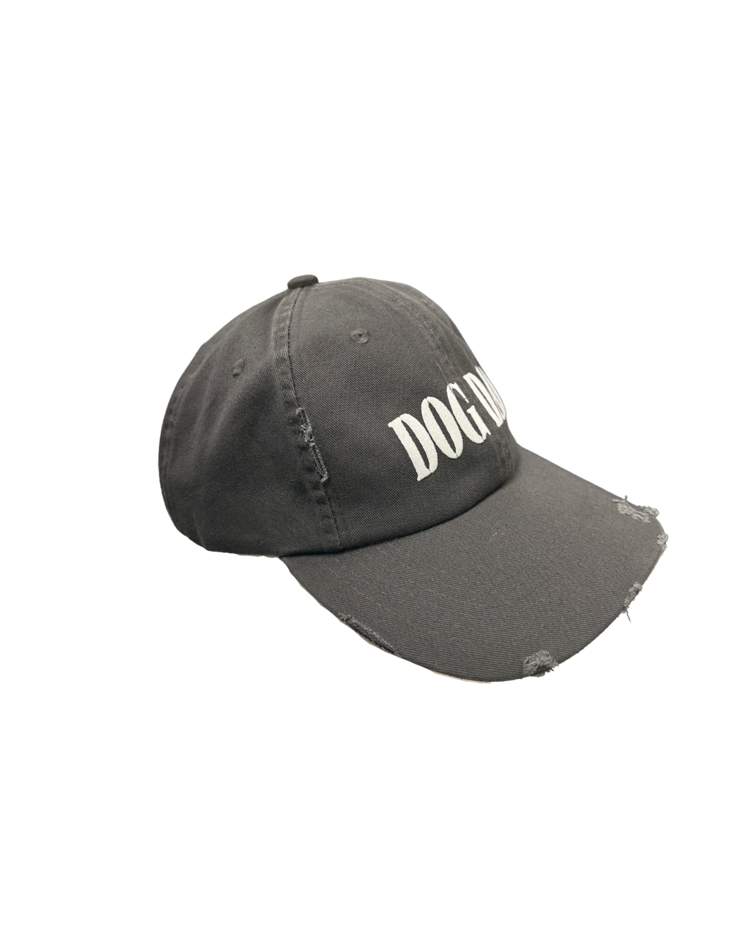 Dog Dad cap featuring a distressed design and gray color.