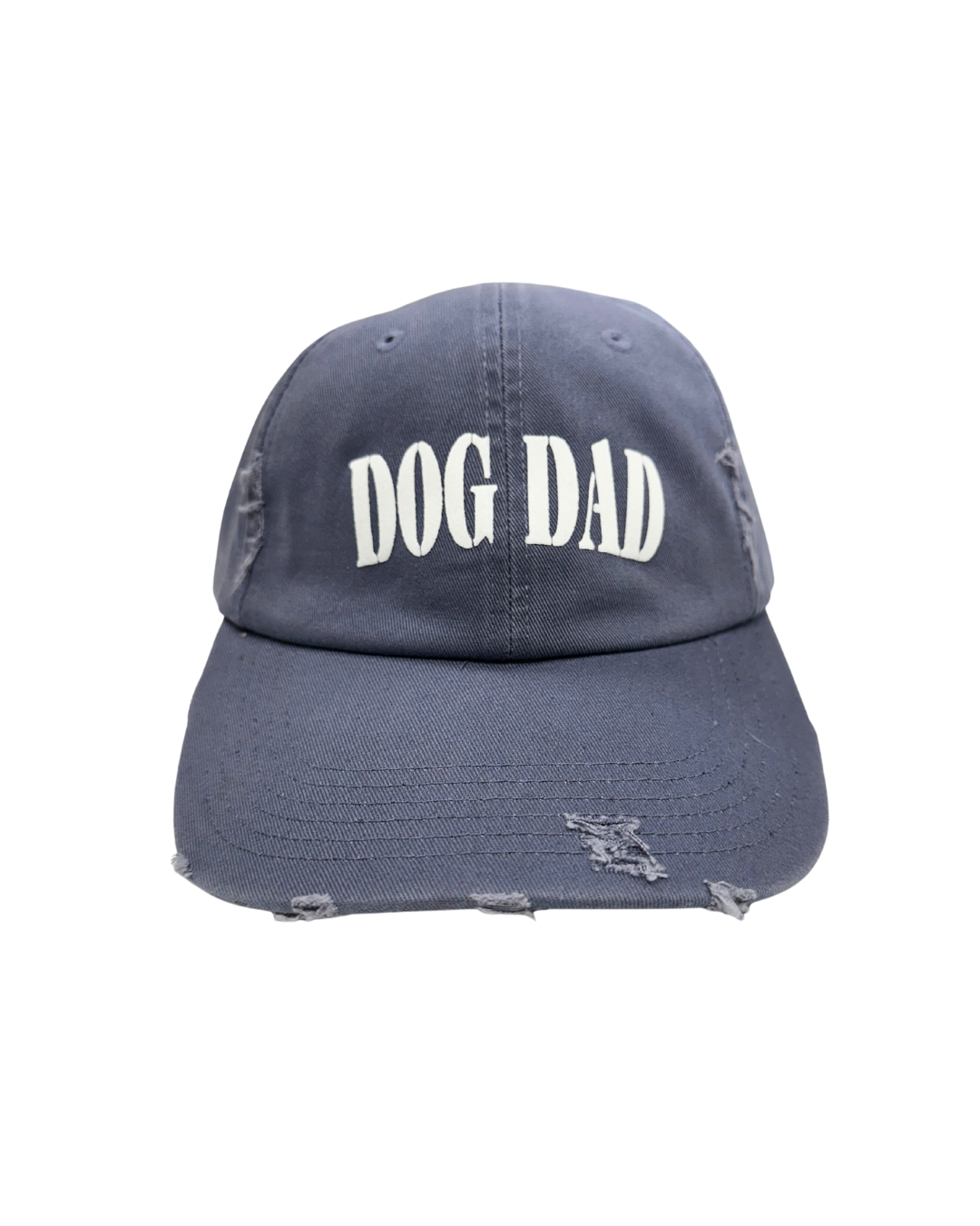 Dog Dad cap featuring distressed design and white lettering.