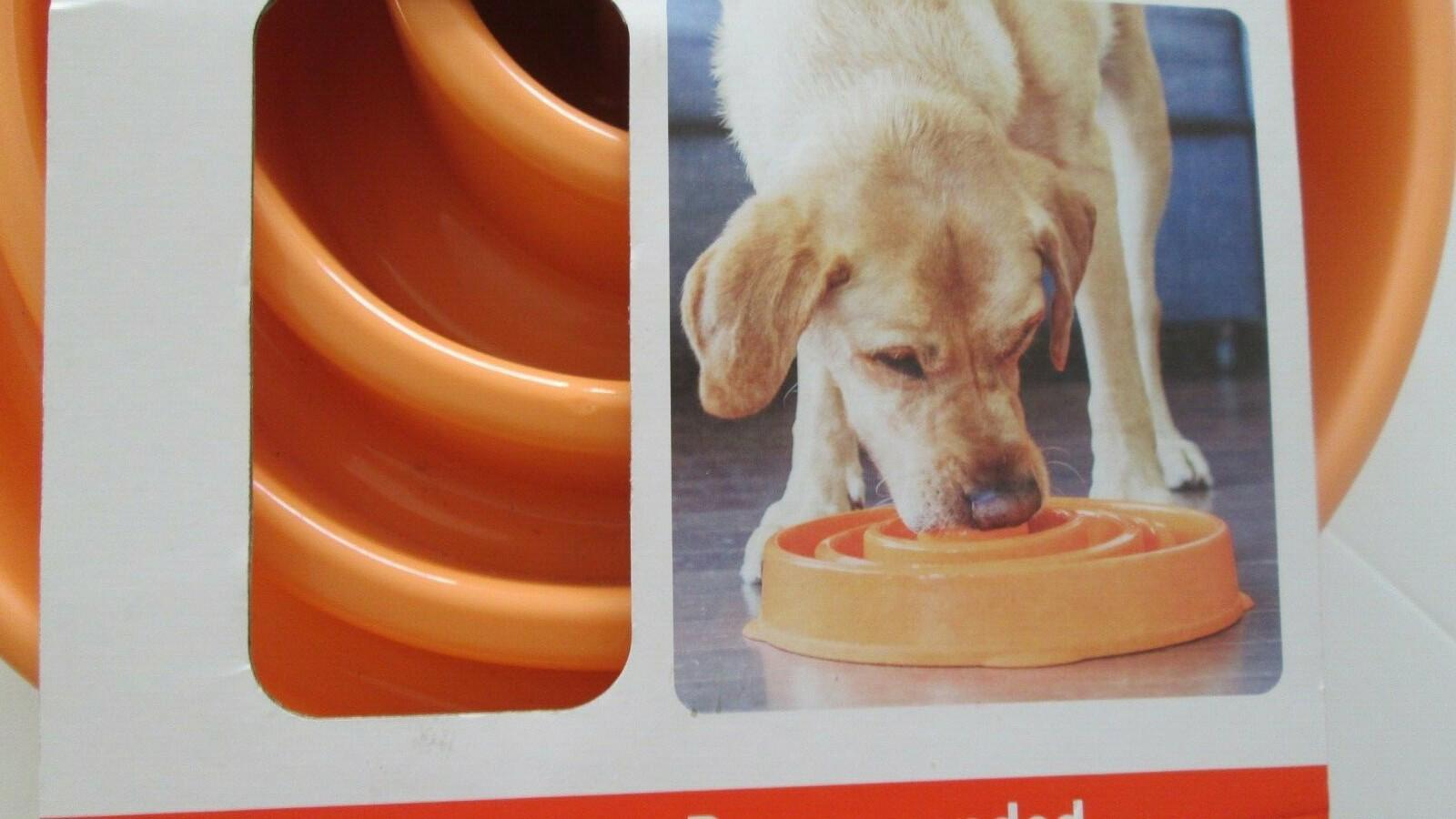 Dog feeding bowl set featuring an orange design, with a Labrador retriever using one bowl.