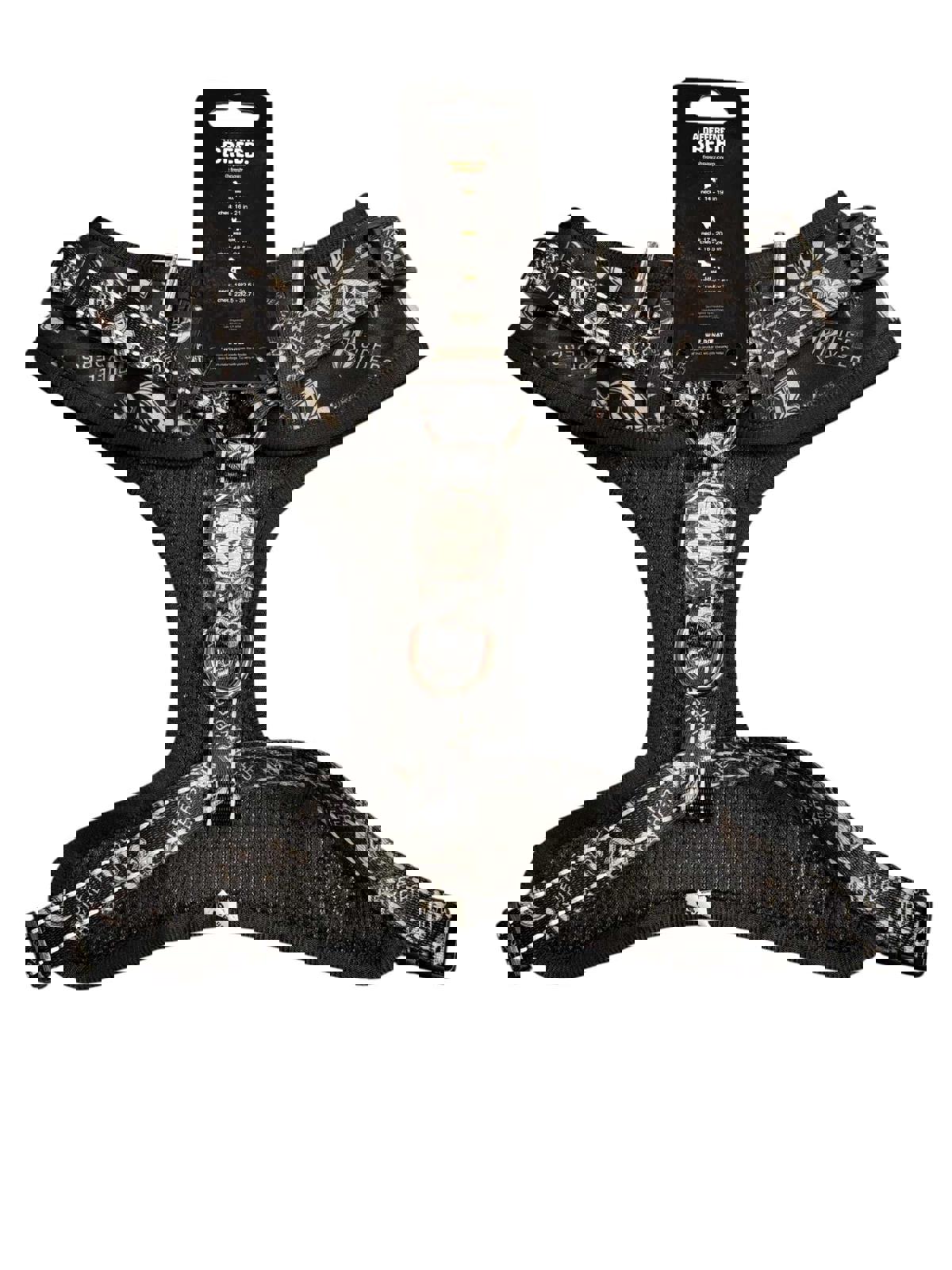 Adjustable dog harness featuring a stylish black and white design with a comfortable mesh lining.