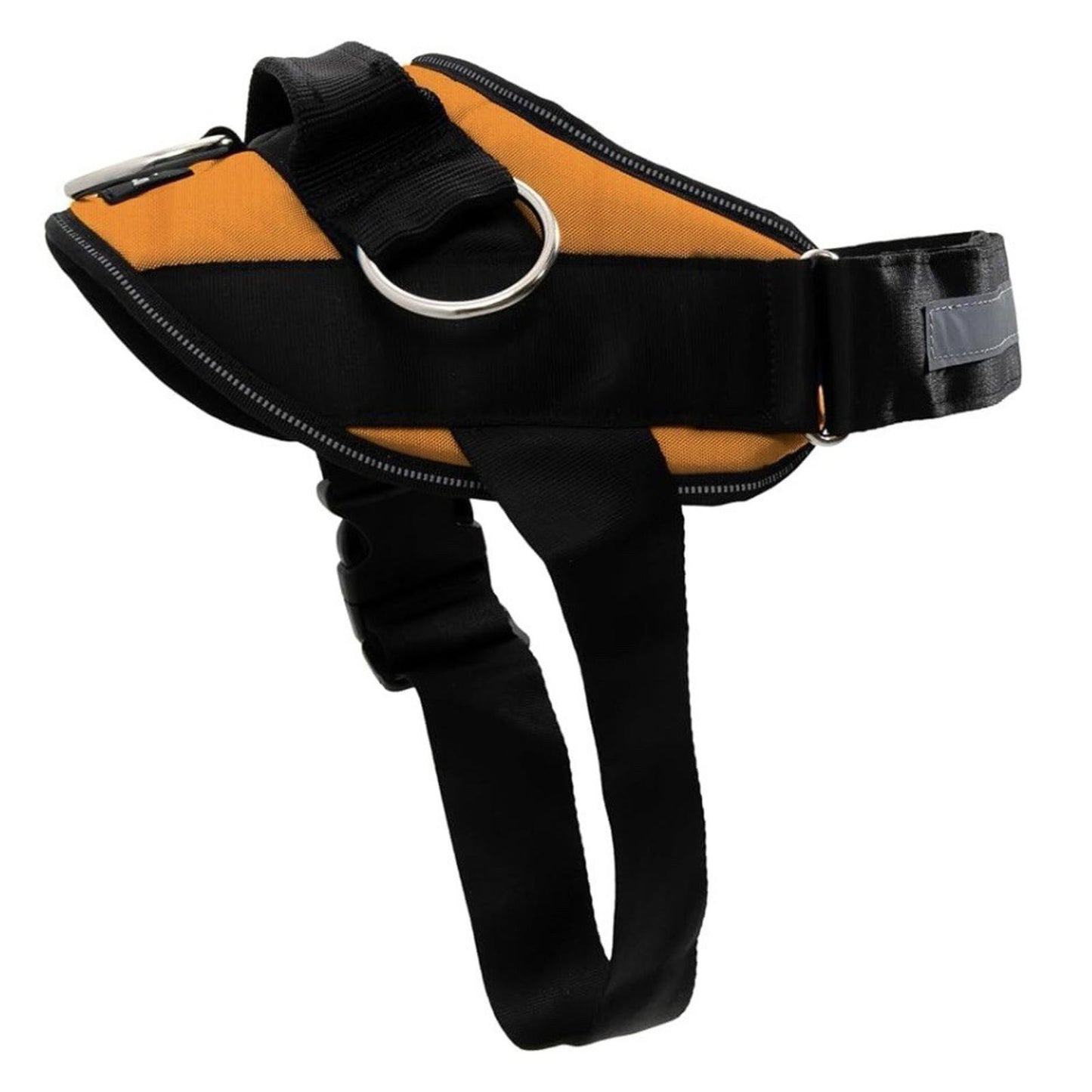 Dog harness with orange and black design, featuring a sturdy D-ring for leash attachment.