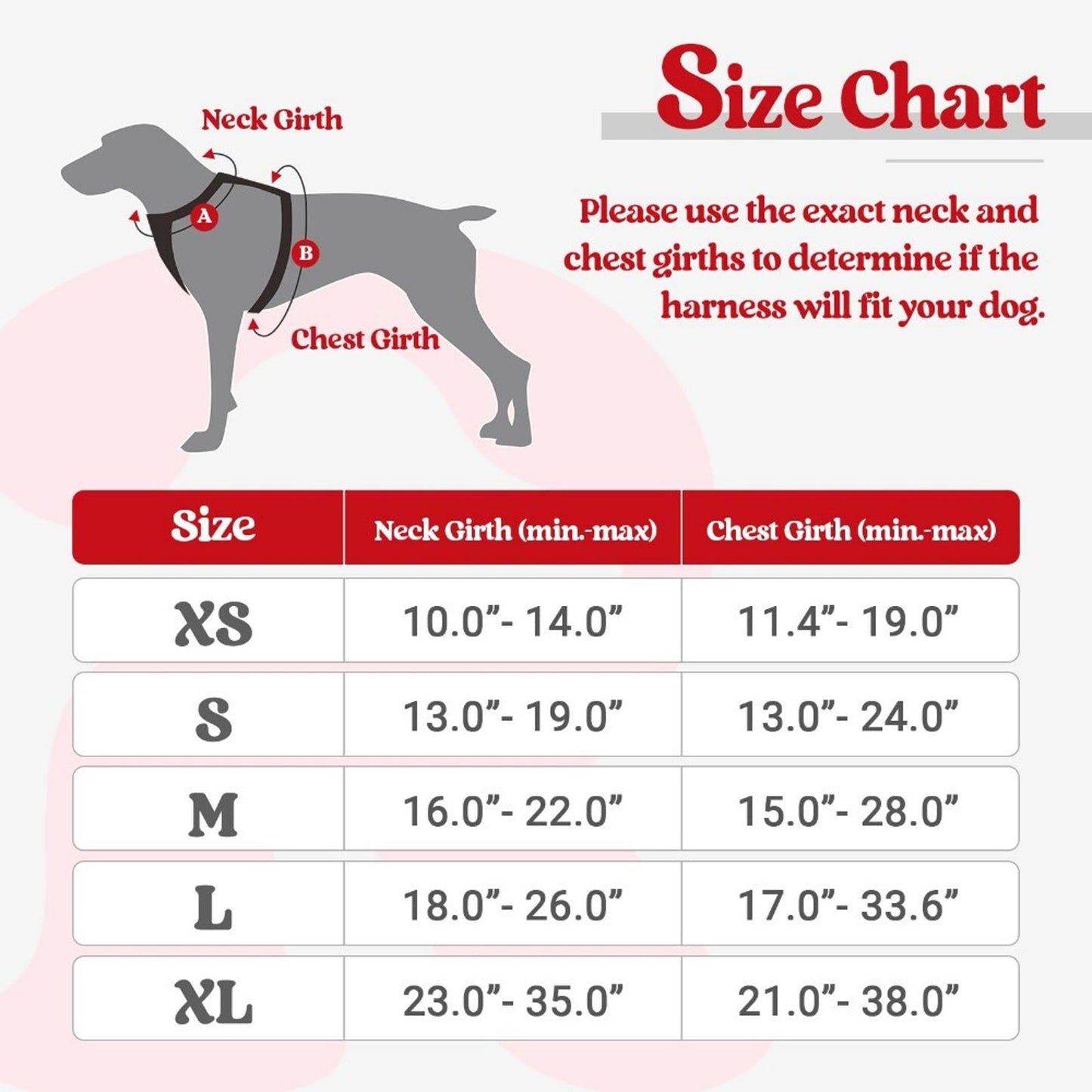 Dog harness size chart showing neck and chest girth measurements for various sizes.