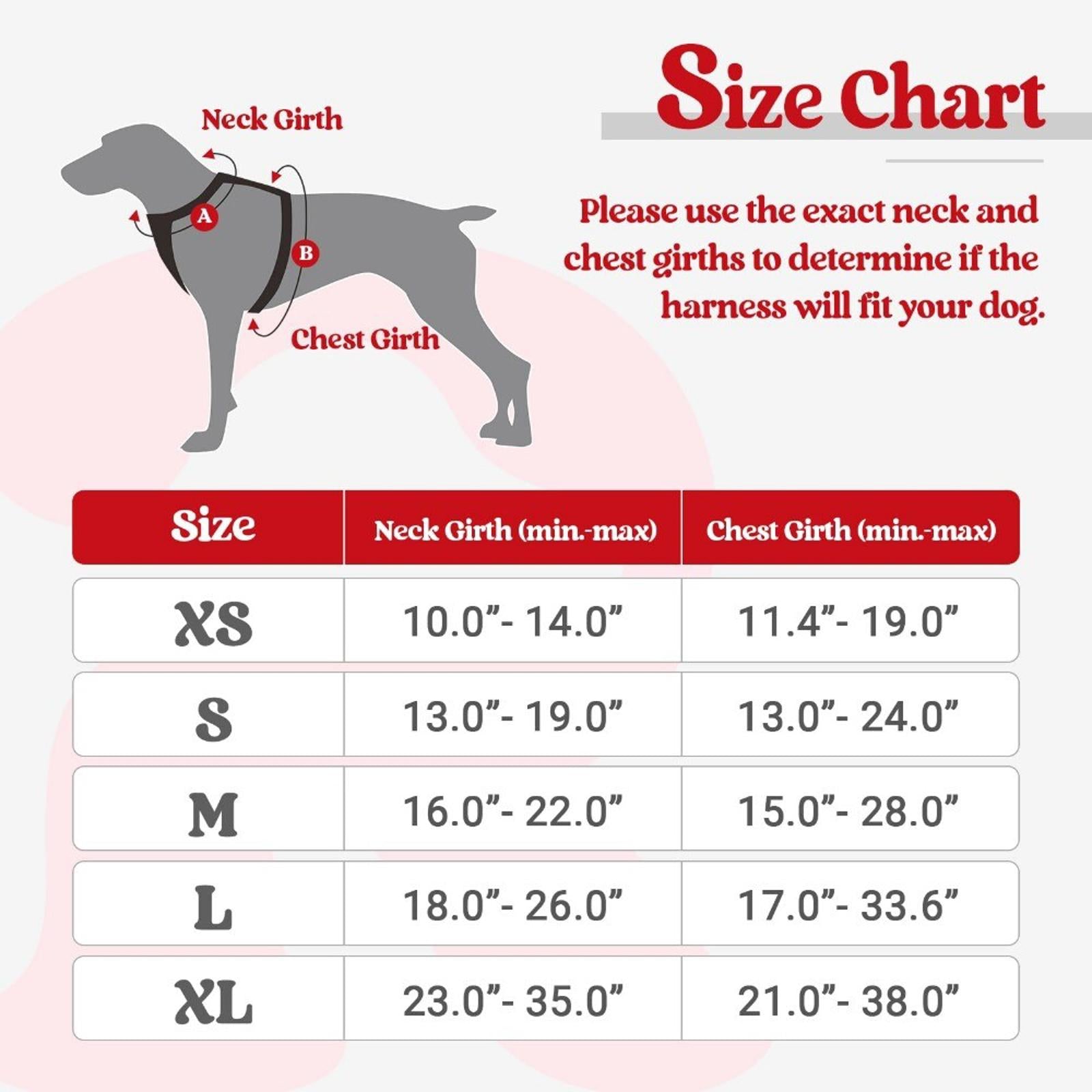 Dog harness size chart showing neck and chest girth measurements for various sizes.