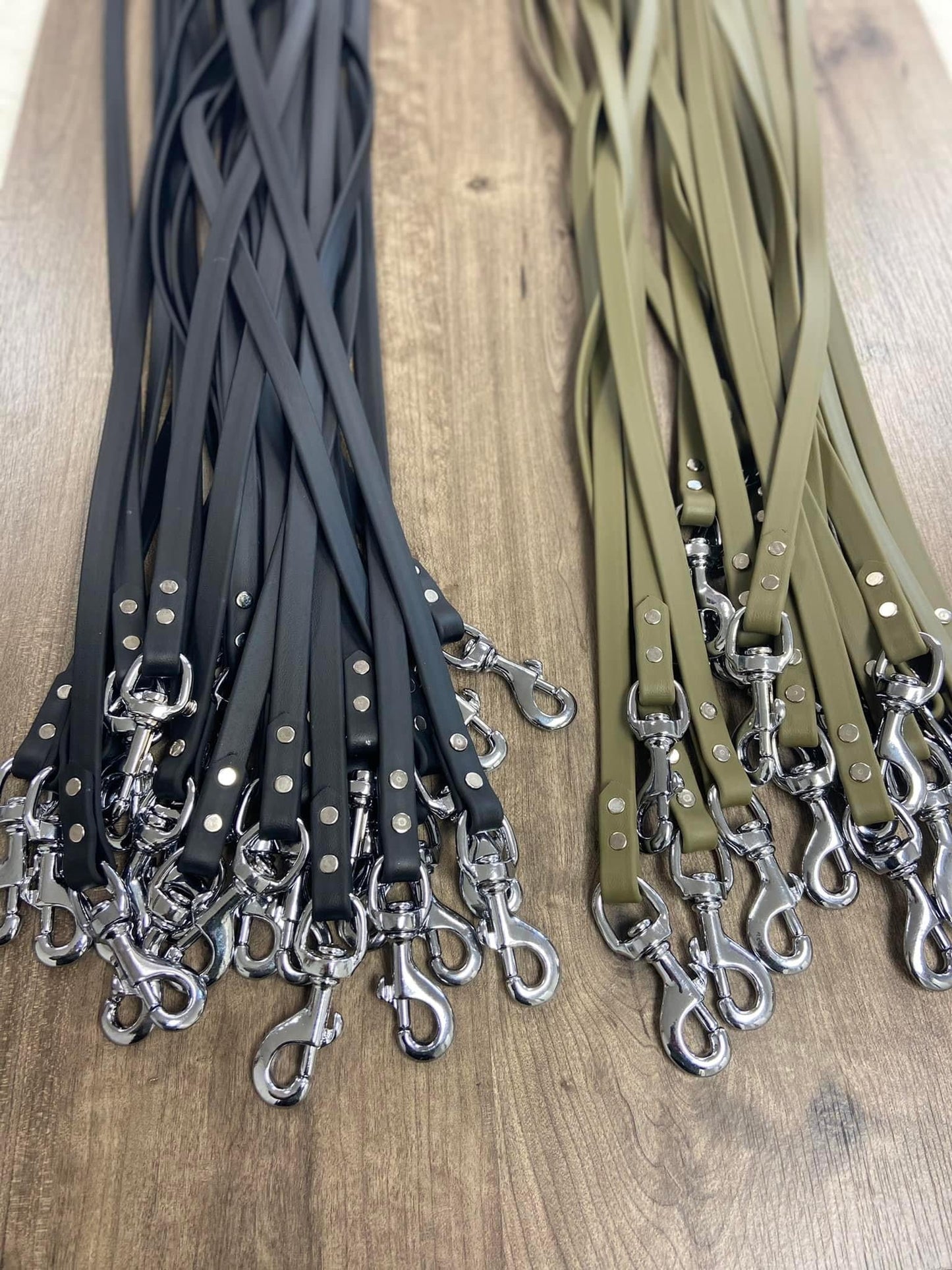 Dog Leash Set featuring black and olive green leashes with metal clips.