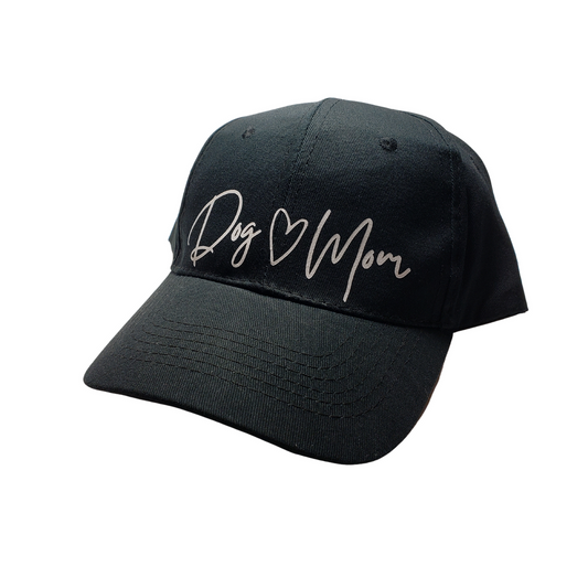 Dog Mom cap featuring a stylish script design in white on a black background.