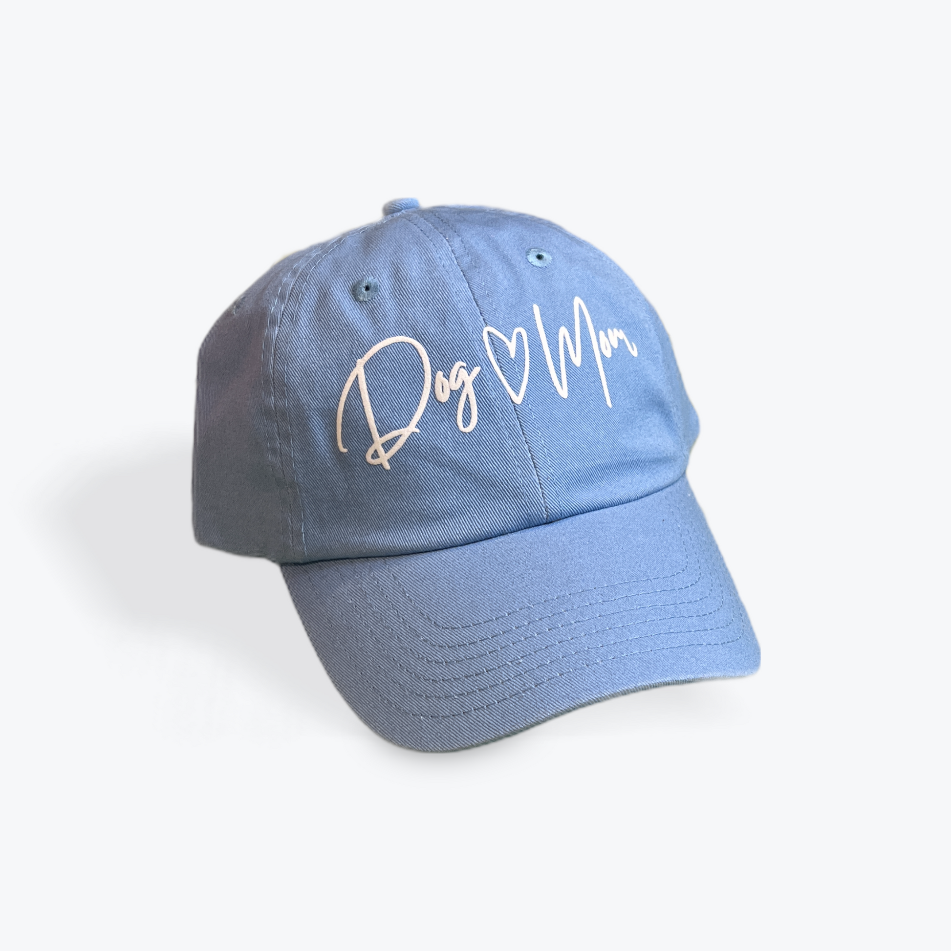 Dog Mom cap in light blue with stylish white lettering.