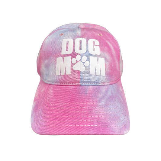 Dog Mom cap in pink and blue tie-dye with paw print design.