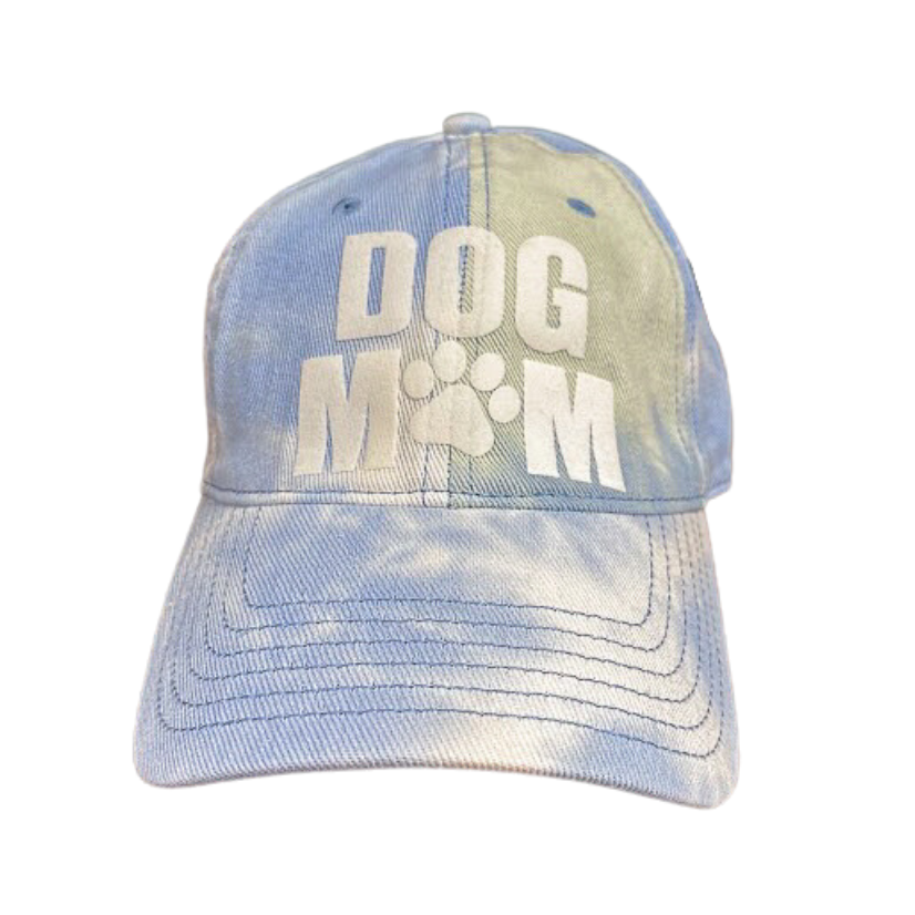 Dog Mom cap featuring a stylish tie-dye design and paw print.