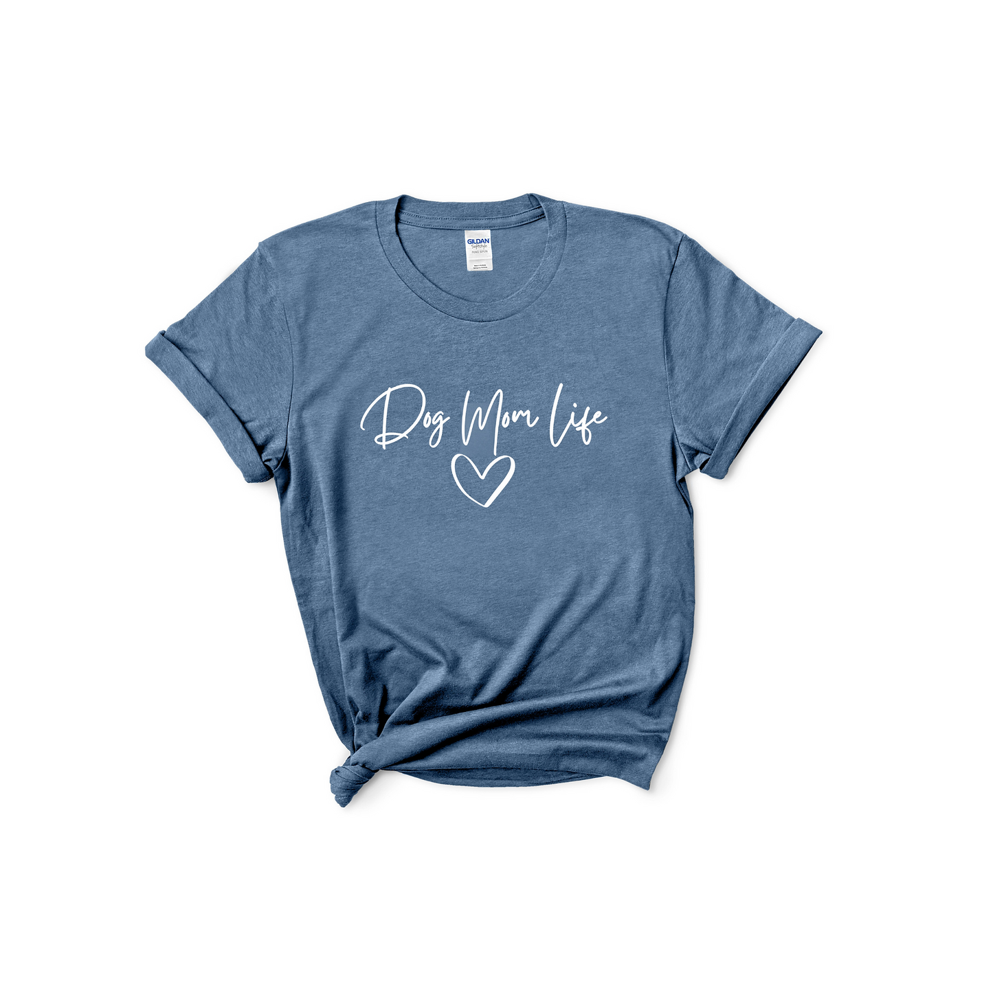 Dog Mom Life t-shirt in blue with a heart design, perfect for dog lovers.