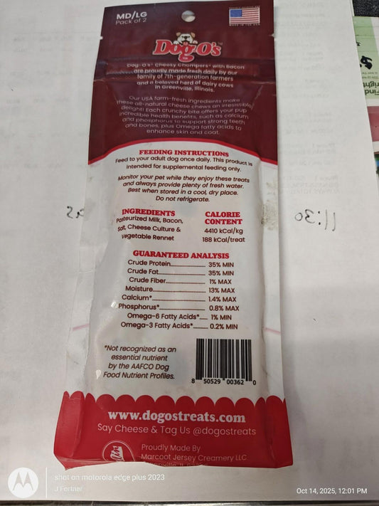 Dog O's dog treats packaging with feeding instructions and ingredient list.