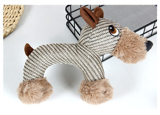 Dog plush toy with a striped body and fluffy paws, perfect for playful pets.
