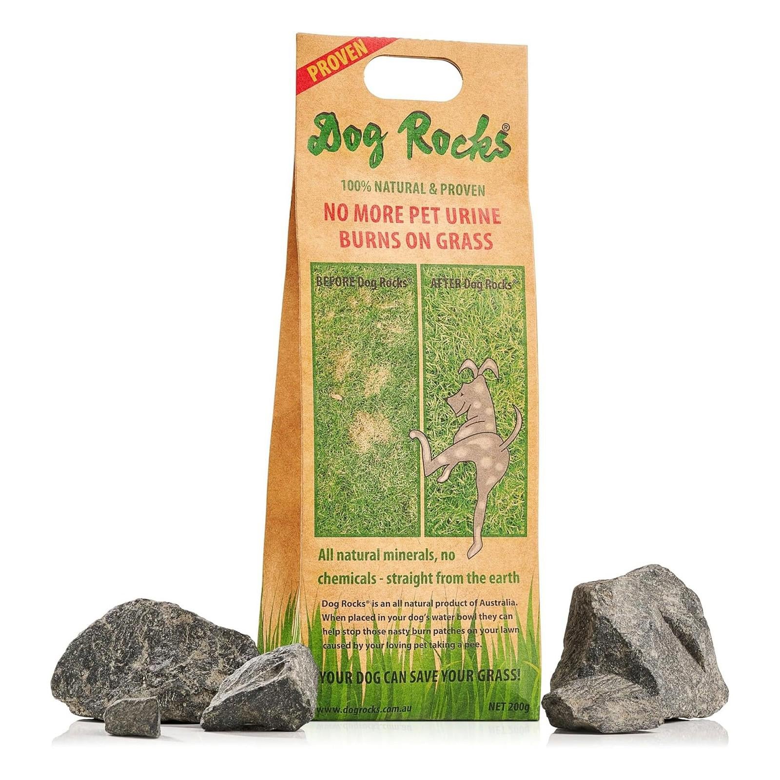 Dog Rocks natural solution prevents pet urine burns on grass, featuring a bag and rocks.