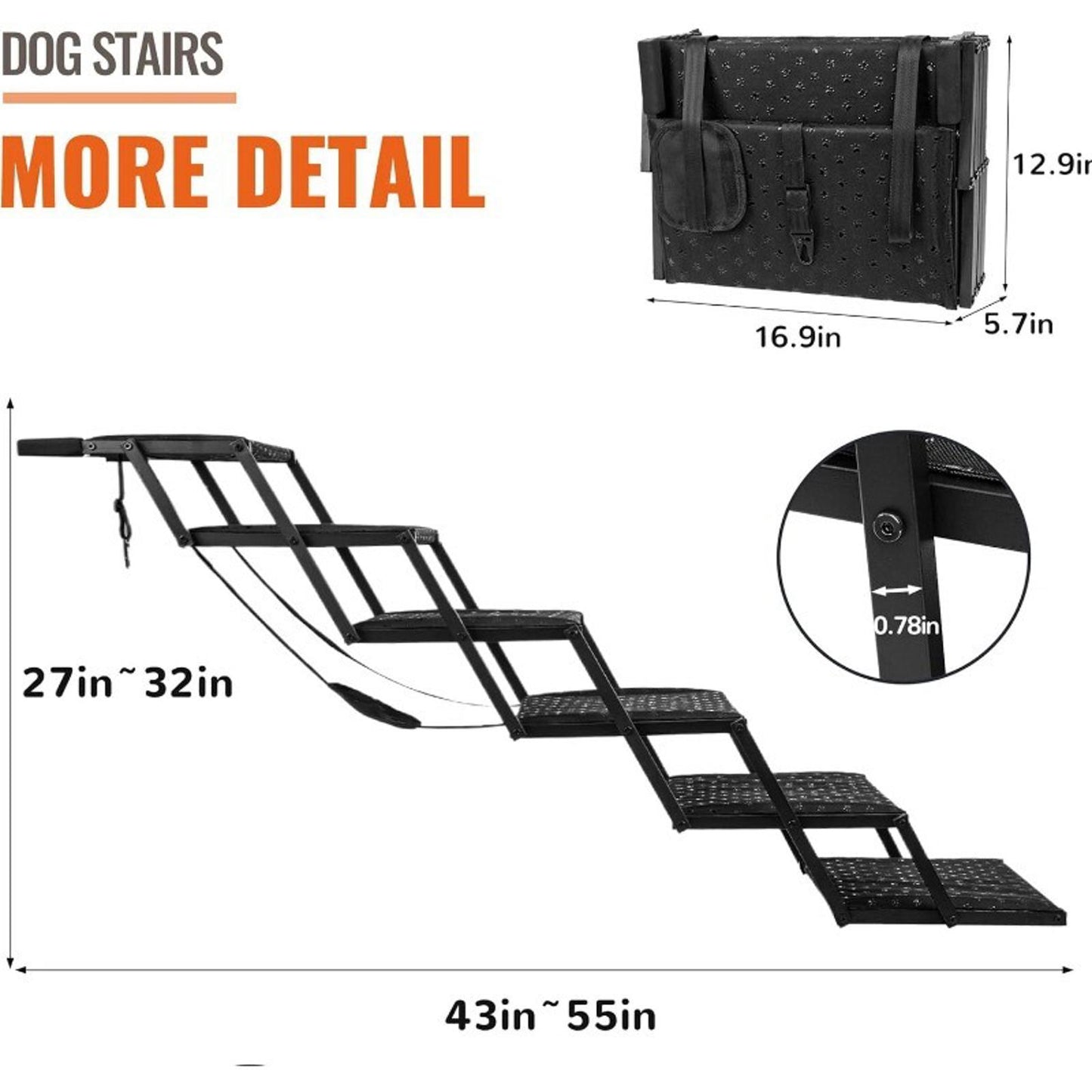 Dog stairs with adjustable height from 27 to 32 inches, featuring a sturdy black design.