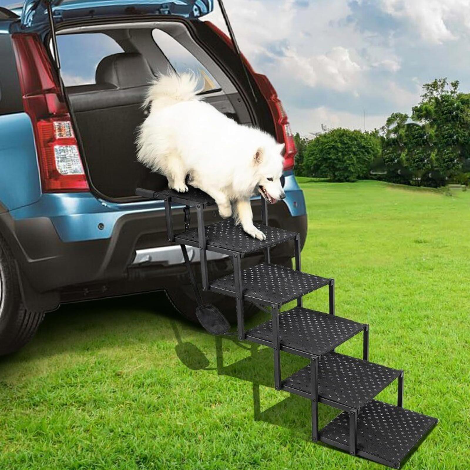 Dog car steps for easy access, featuring a sturdy black design and six steps for pets.