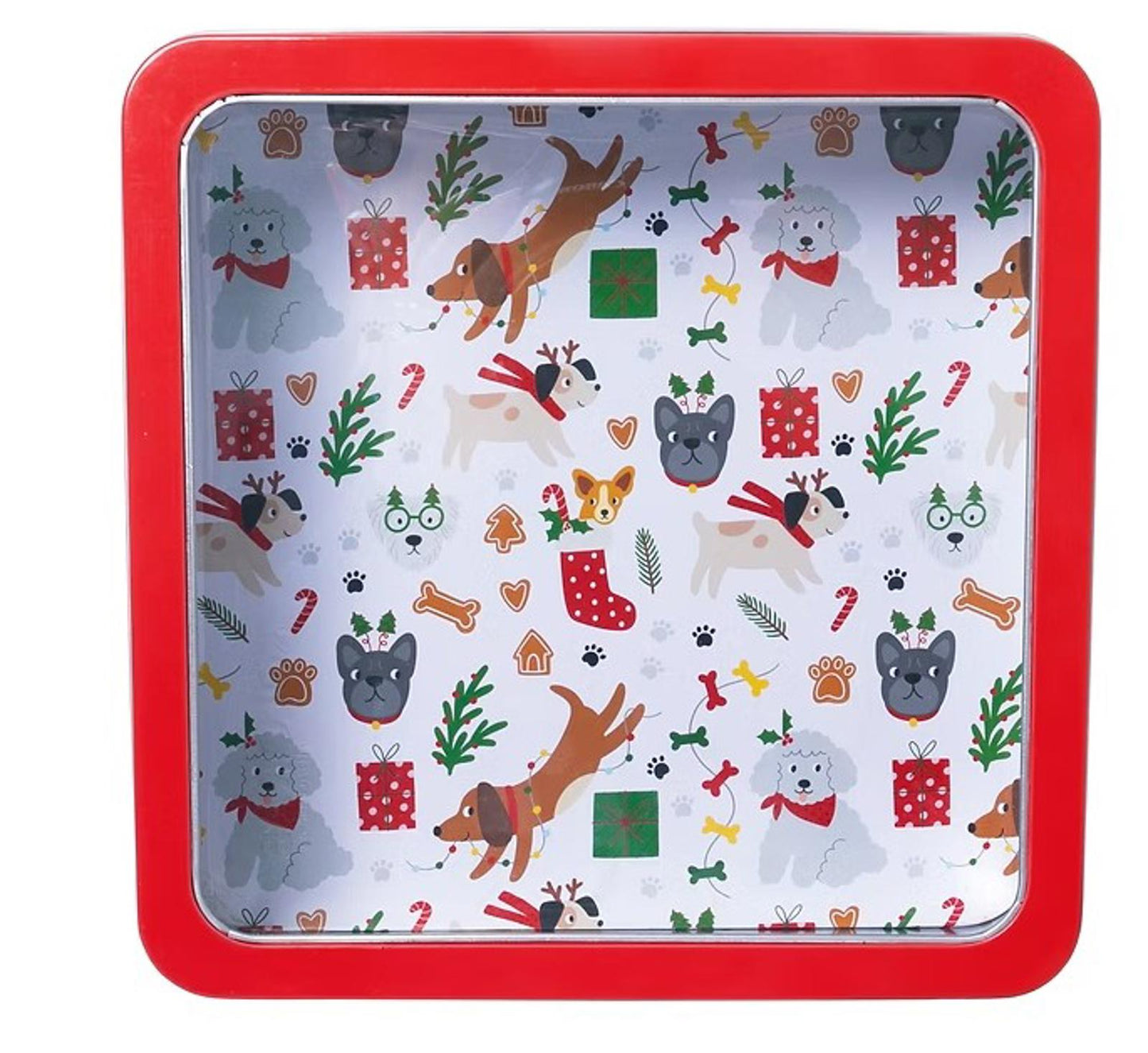 Dog-themed gift box featuring playful illustrations of various dogs and festive decorations.