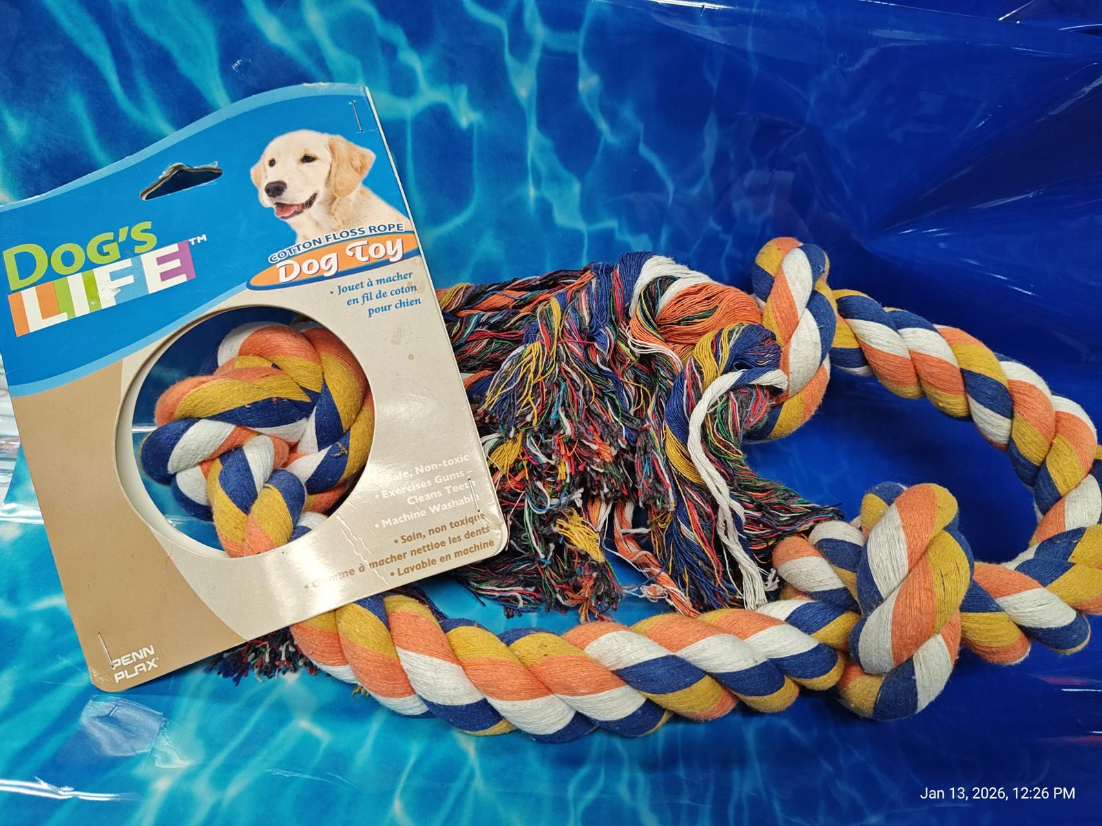 Dog's Life dog toy featuring a colorful rope design with blue, orange, and white colors.