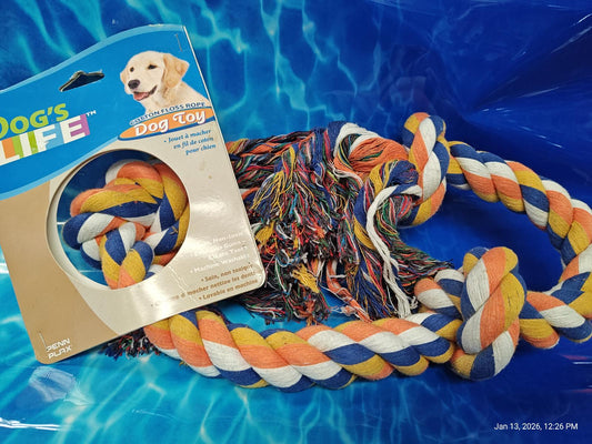 Dog's Life dog toy featuring a colorful rope design with blue, orange, and yellow strands.