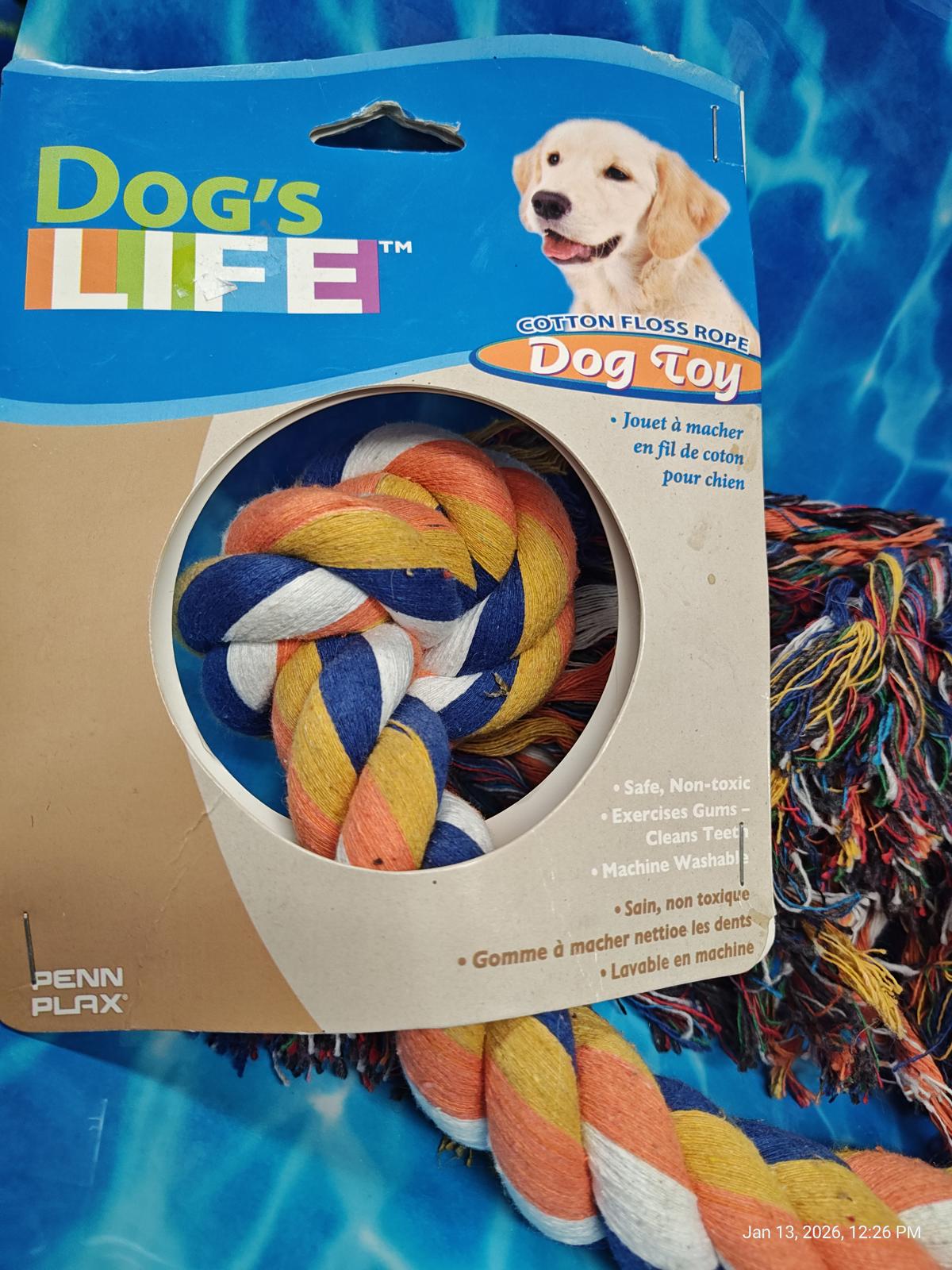 Dog's Life dog toy featuring a colorful floss rope for chewing and tugging.
