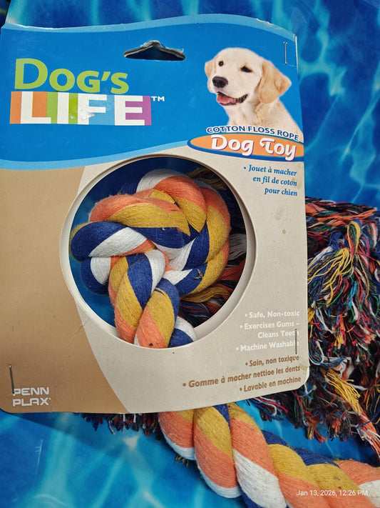 Dog's Life dog toy featuring a colorful floss rope for chewing and tugging.